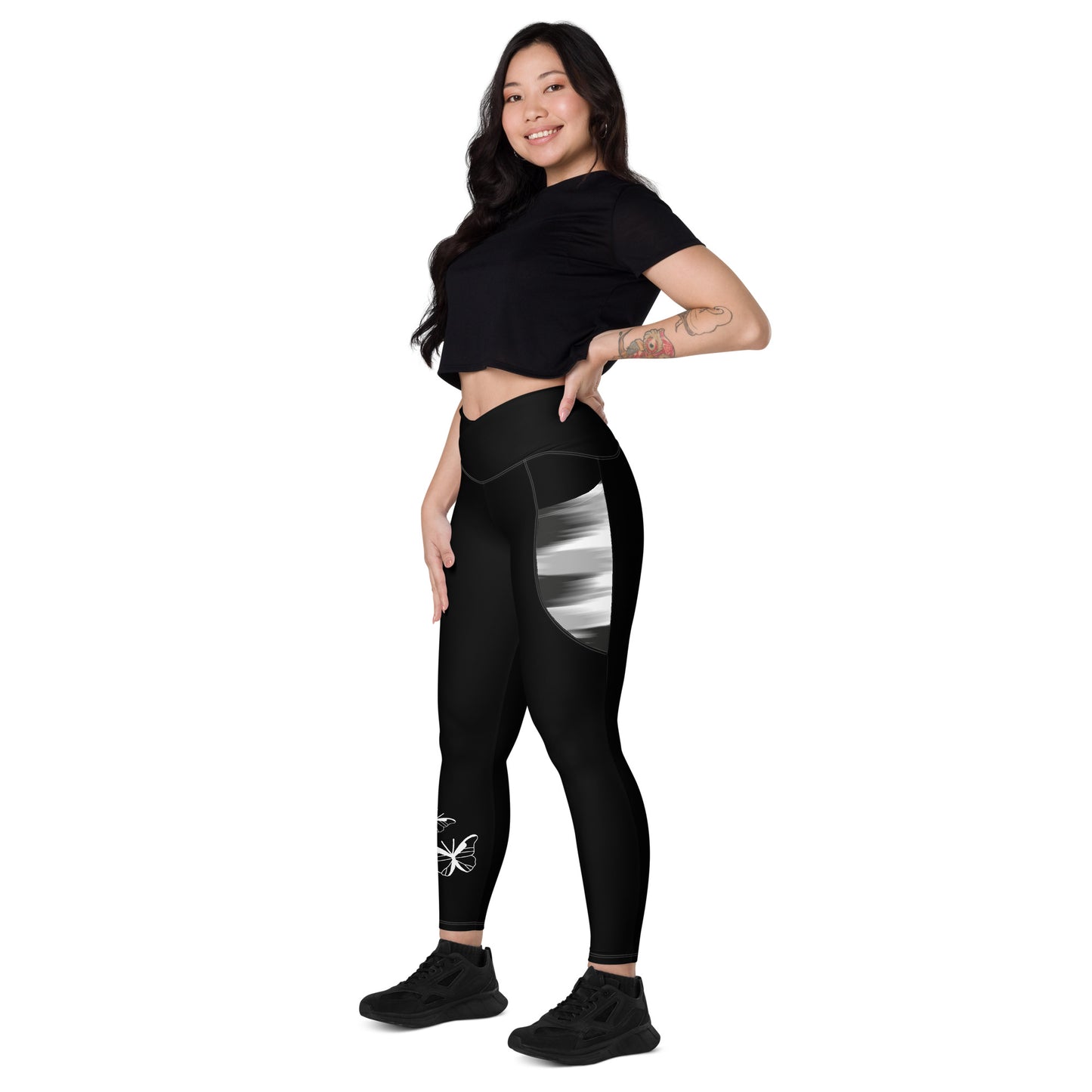 V-Bund-Leggings mit Taschen "Black Butterfly"